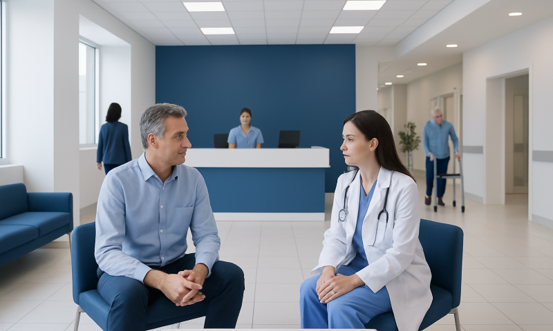 How to Ask for a Clear Cost Breakdown Before Treatment in Turkey 8 Doctor consulting with a patient in a modern hospital lobby.