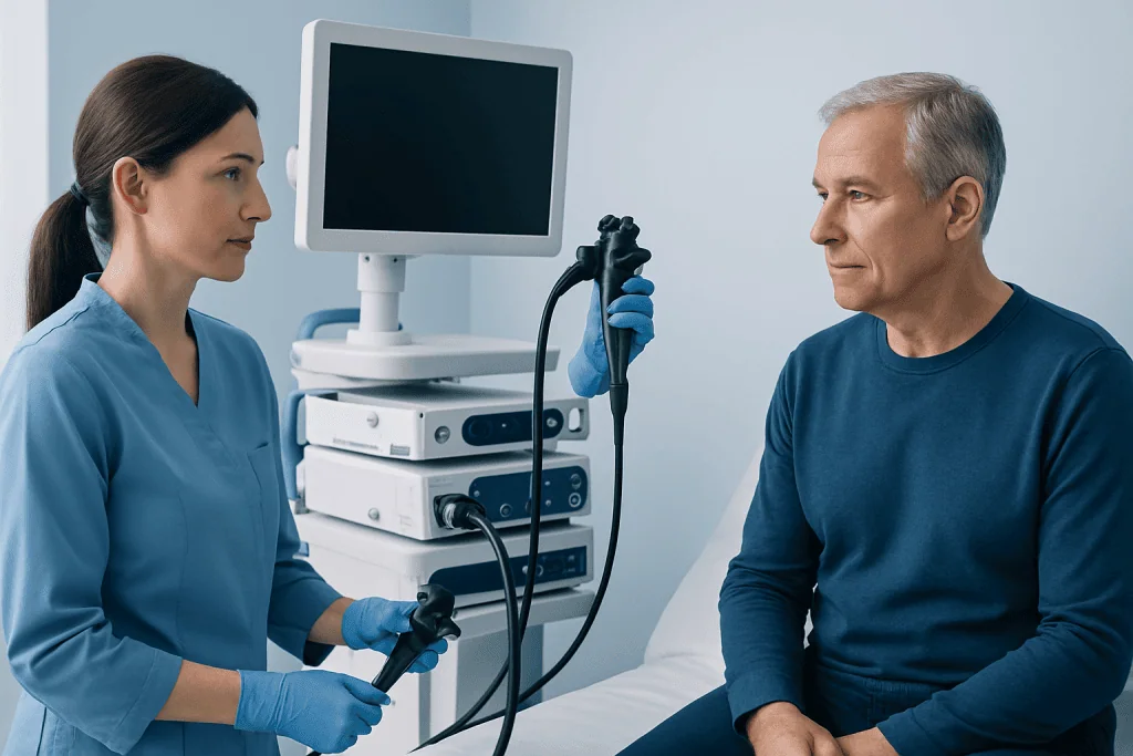 Doctor preparing for a colonoscopy procedure with patient in hospital room.