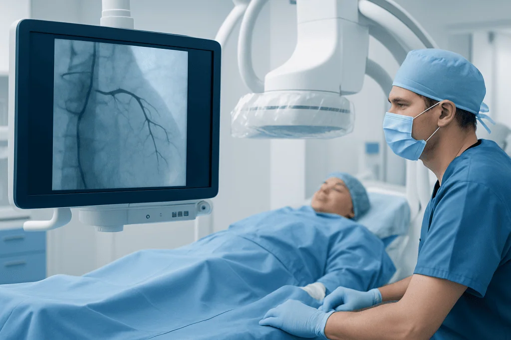 Interventional cardiologist monitors coronary artery imaging during stent placement.