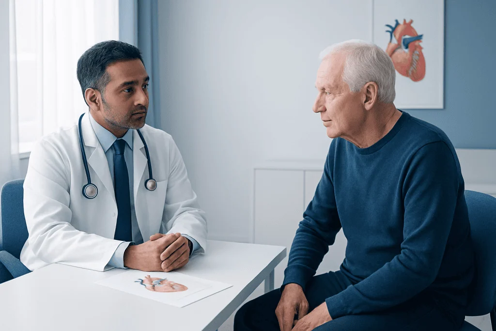 Doctor consulting with elderly male patient in a medical office.