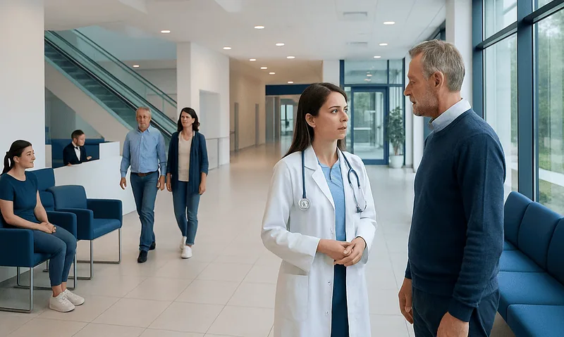 Doctor and patient discussing in hospital lobby with waiting area.