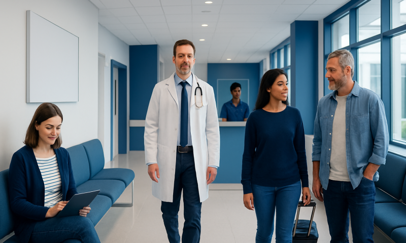 Patients and doctor in a modern hospital corridor with blue accents.
