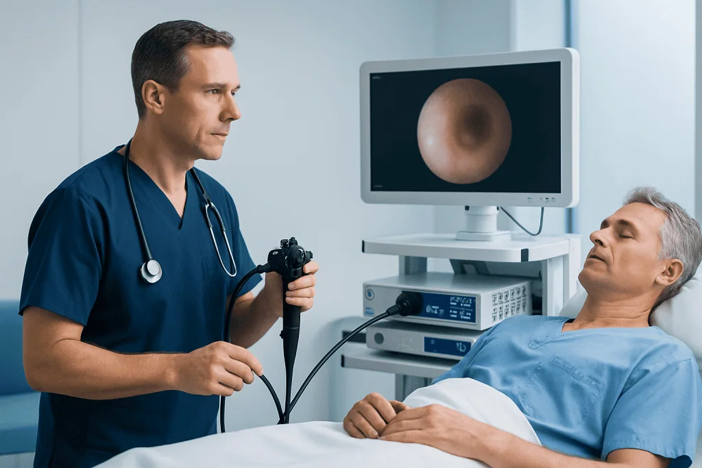 Urologist performing cystoscopy on male patient in hospital room.