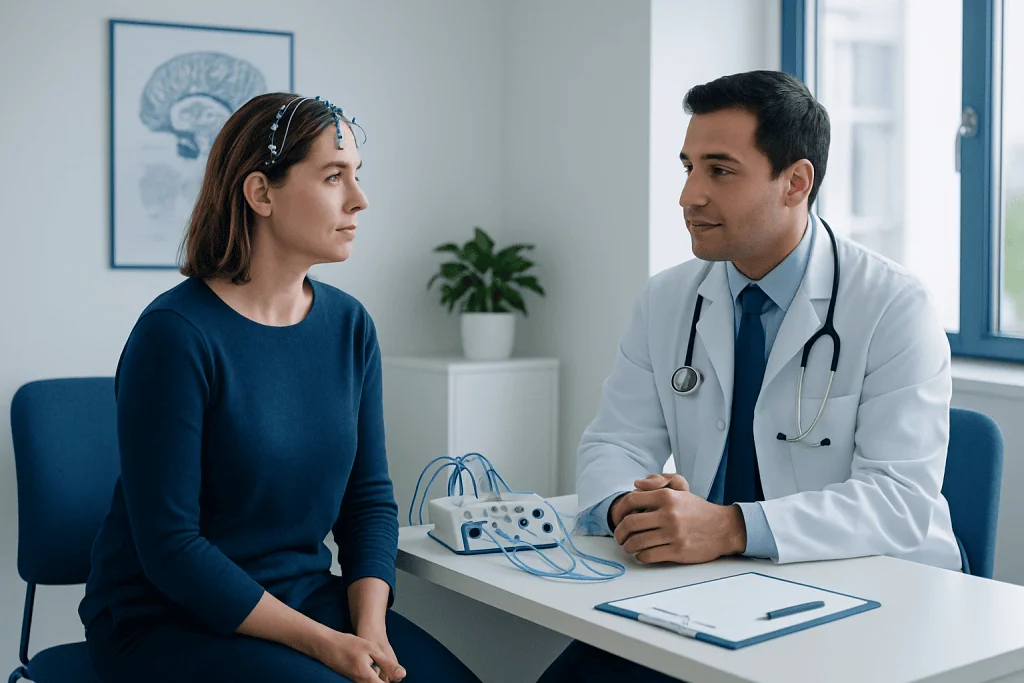 Doctor consulting with a female patient in a medical office setting.