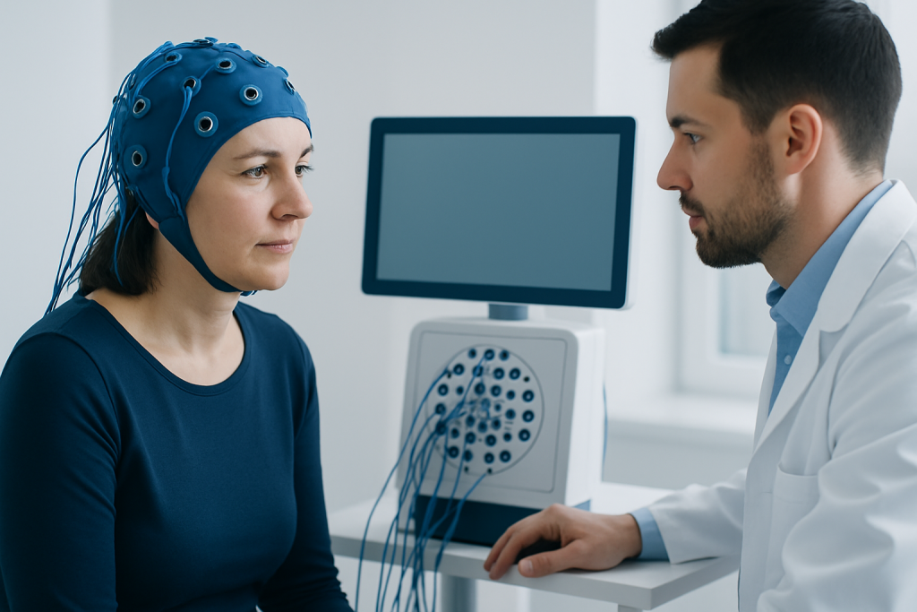 Patient undergoing neuropsychological testing with EEG cap at Acibadem Hospital.