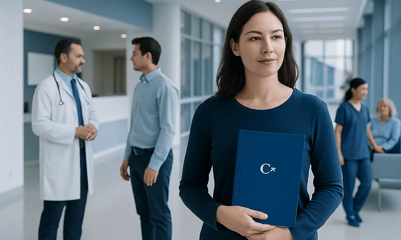 Female healthcare professional holding a medical document folder at a hospital.
