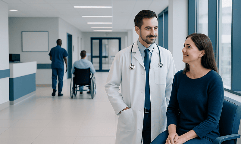 Doctor talking to a patient in a hospital corridor with medical staff in the background.