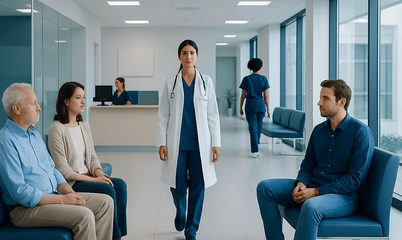 Medical consultation at Acibadem Hospital with doctor and patients in waiting area.