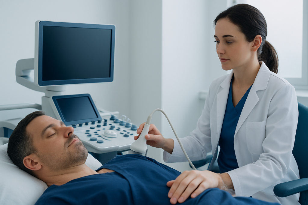 Medical professional performing lymph node biopsy on patient in hospital.