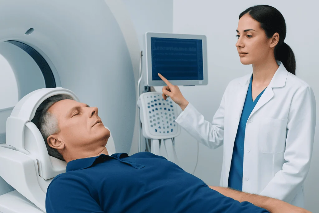 Patient undergoing a neuropsychological evaluation in a hospital setting.