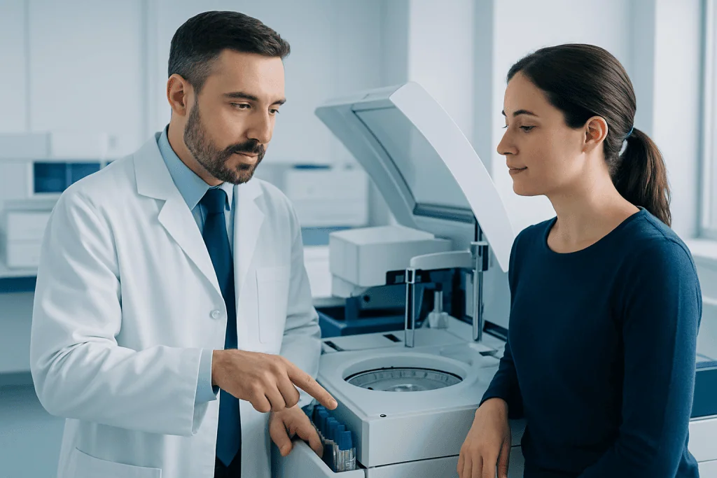 Doctor explaining lab test process to a patient in a clinical setting.