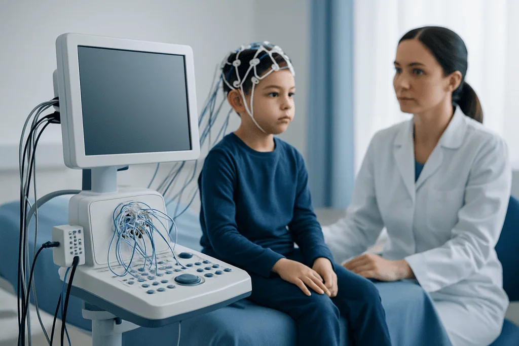 Child undergoing EEG test with medical professional in hospital.