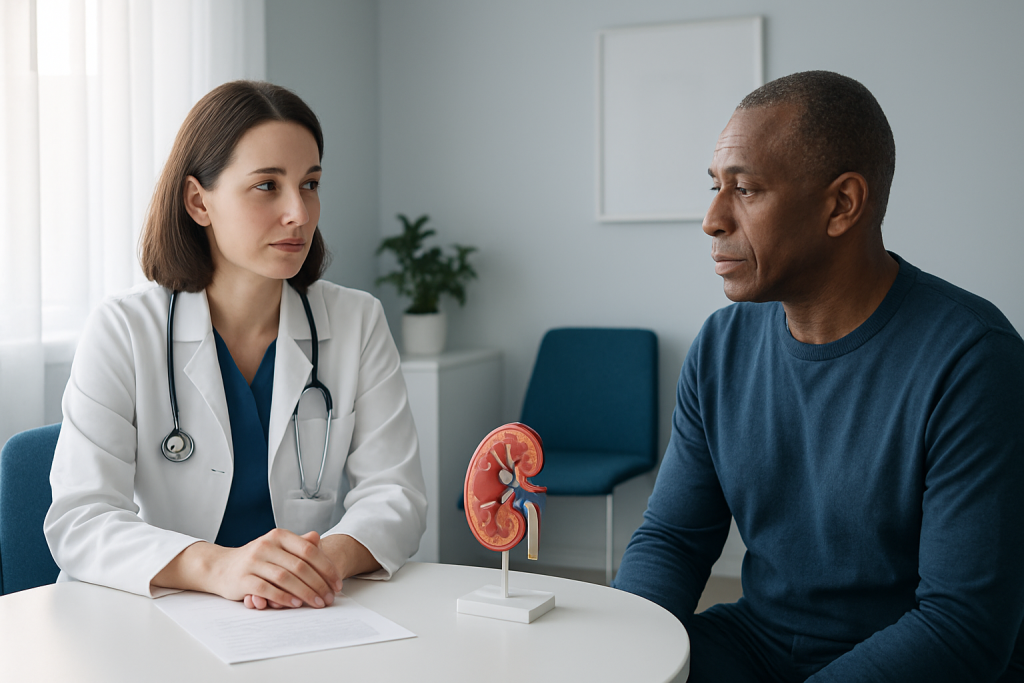 Doctor explaining kidney health to patient in a medical consultation.