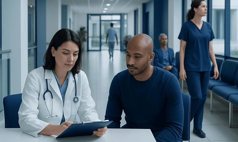 Doctor consulting with patient in hospital corridor.