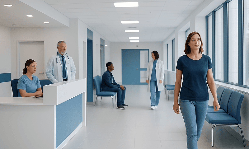Patients and medical staff in a modern hospital corridor in Turkey.