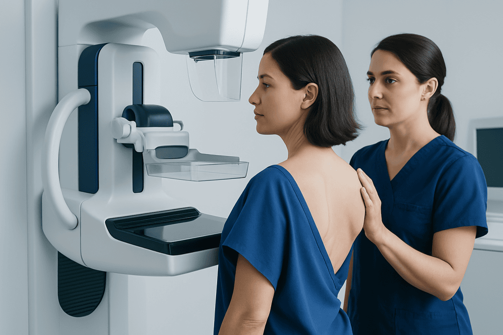 Medical professionals preparing for a mammogram at Acibadem Hospital.