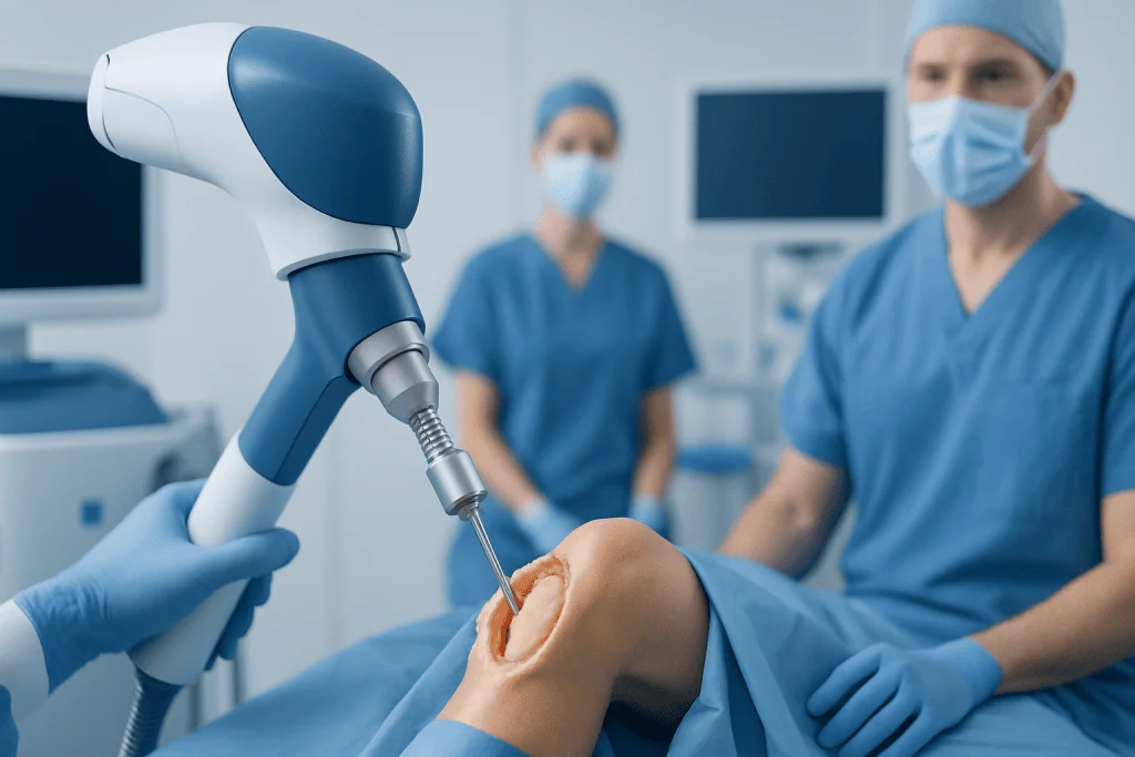 Minimally invasive knee surgery being performed by medical team.
