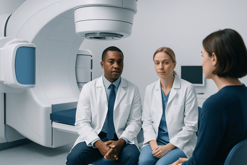 Medical consultation in a hospital with advanced imaging equipment.