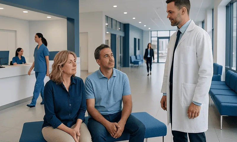 Doctor consulting with patients in a modern hospital waiting area.