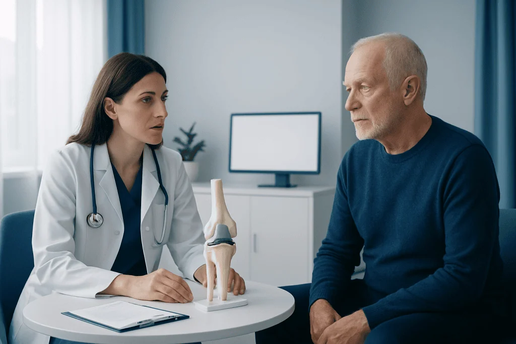 Orthopedic consultation discussing knee replacement revision options.