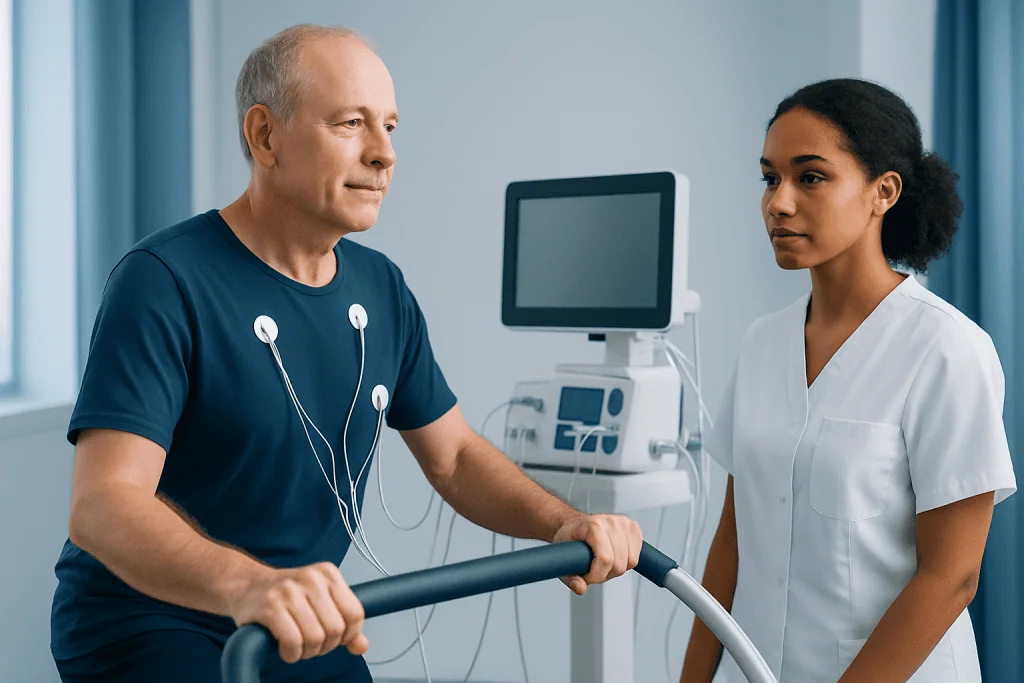 Elderly man undergoing stress test with medical staff assistance.