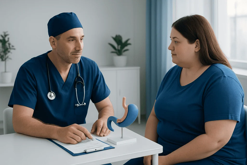 Doctor explaining gastric sleeve surgery to a patient in a consultation room.