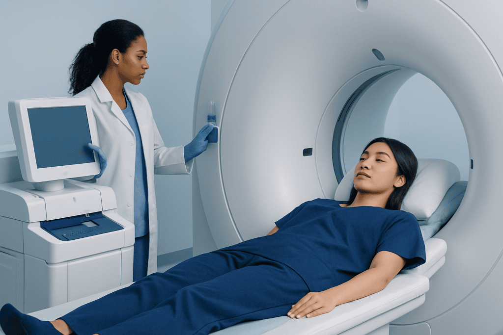 Patient undergoing MRI scan at Acibadem Hospital for diagnostic imaging.