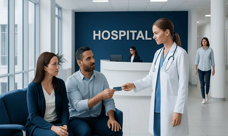 Patient paying for treatment at Acibadem Hospital reception in Turkey.