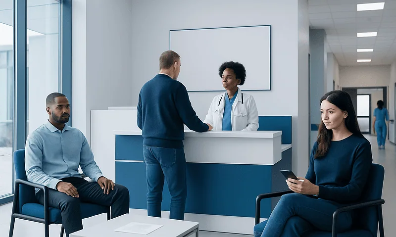 Patients waiting in a hospital reception area with a healthcare professional at the counter.