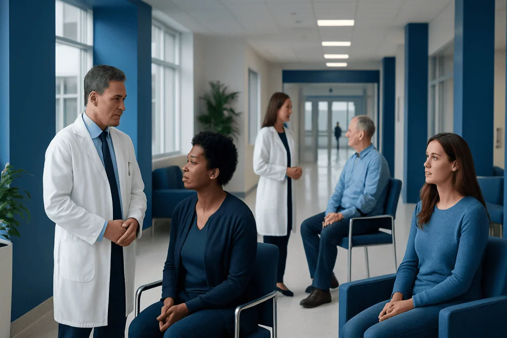 At Acibadem, What Happens If Your Treatment Plan Changes After In-Person Evaluation 1 Doctor consulting with patient in hospital corridor with other patients nearby.