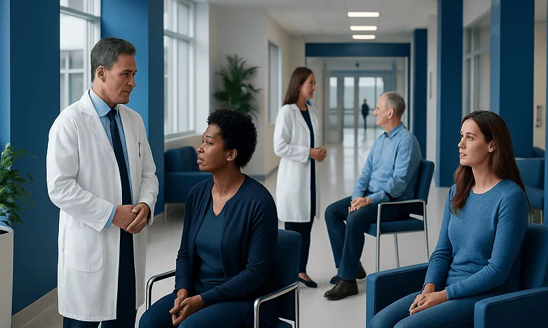 At Acibadem, What Happens If Your Treatment Plan Changes After In-Person Evaluation 16 Doctor consulting with patient in hospital corridor with other patients nearby.