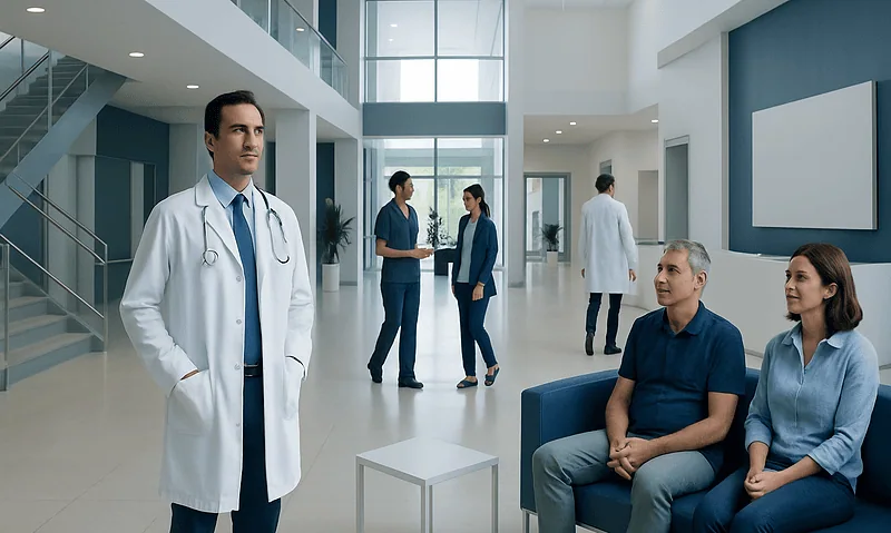 Modern hospital lobby with doctors and patients, emphasizing healthcare quality.