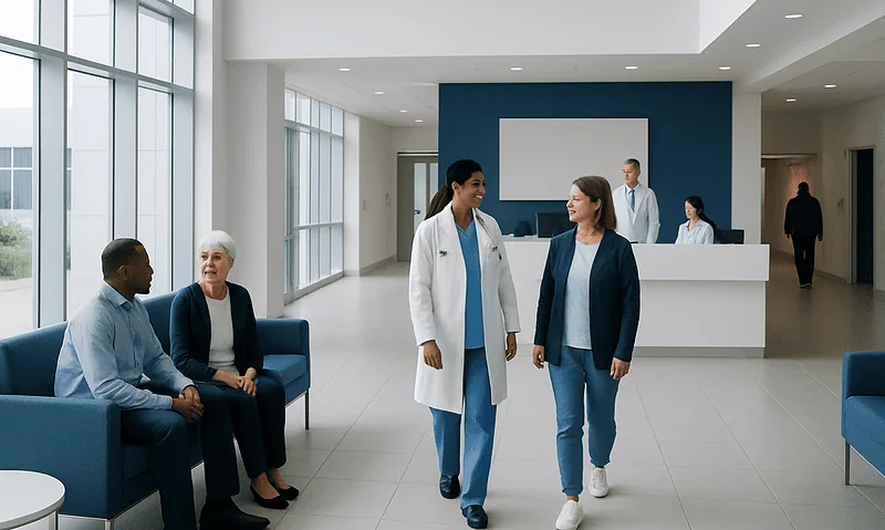 Hospital lobby with medical staff and patients in a modern healthcare facility.