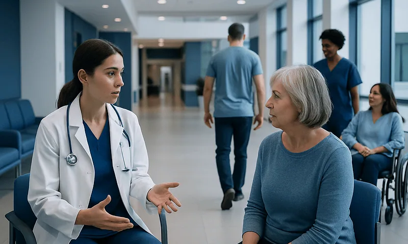 At Acibadem, How We Explain Additional Tests Before Surgery or Treatment 4 Doctor explaining pre-surgery tests to a patient in hospital corridor.