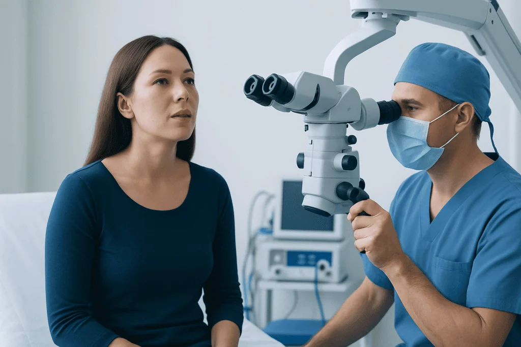 ENT specialist examining a patient with a microscope in a clinical setting.