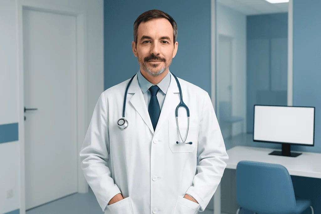 Why Advanced Technology Changed Full Body Mri Outcomes with Modern Healthcare Technology 1 Doctor in white coat with stethoscope in modern medical office.