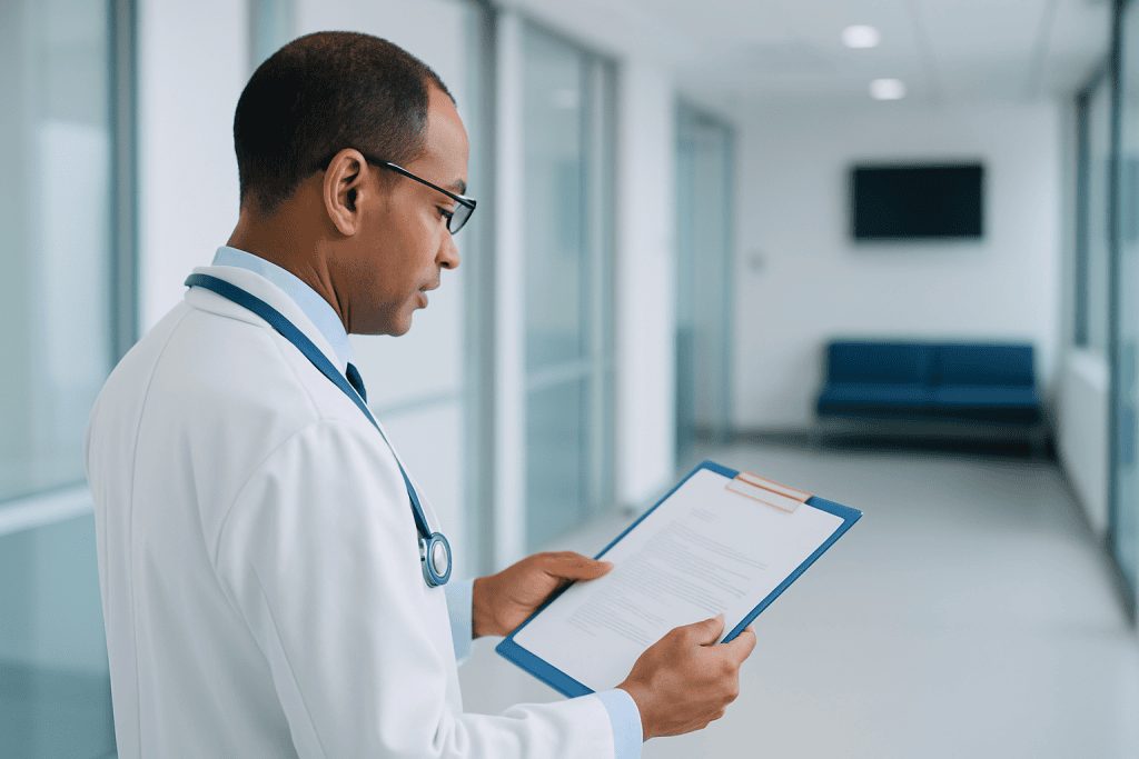 Why Advanced Technology Changed Motor Recovery Outcomes at Leading Medical Centers 1 Doctor reviewing patient records in a modern hospital corridor.