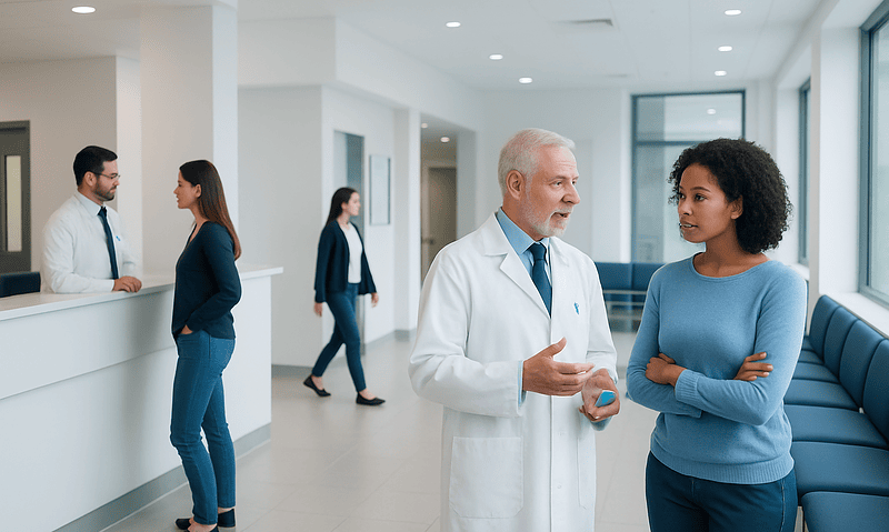 Doctor consulting with a patient in a modern hospital lobby.