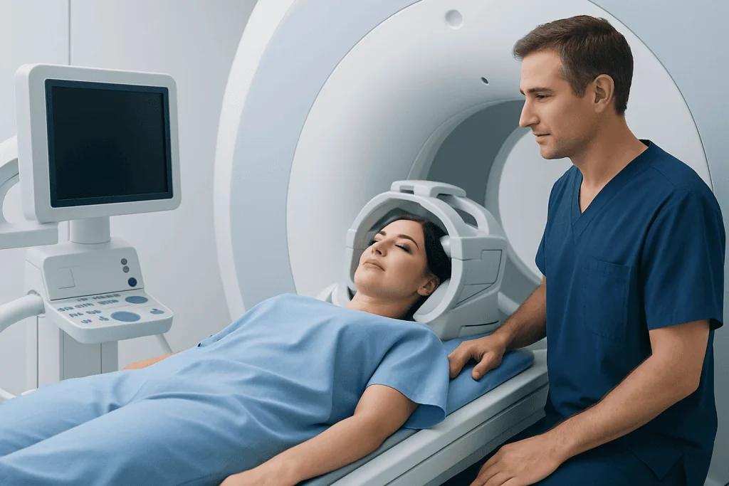 Patient undergoing MRI scan at Acibadem Hospital with medical staff present.
