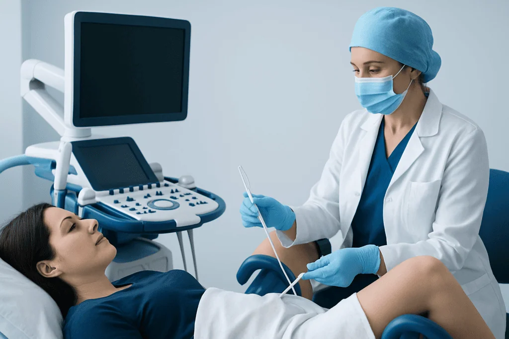 Gynecologist performing endometrial biopsy on patient in hospital.