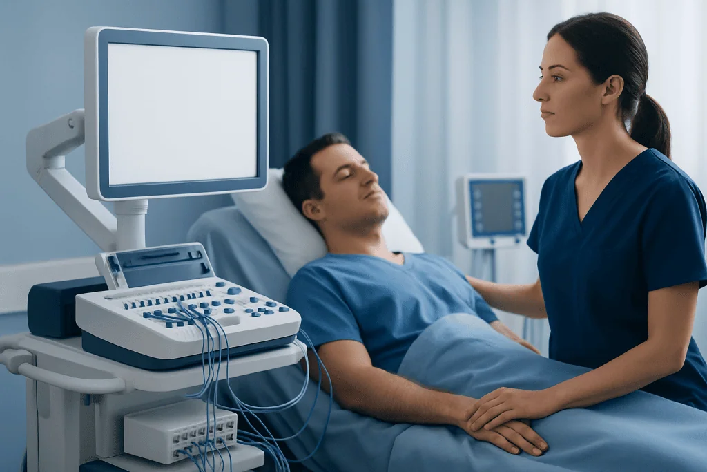 Medical professional monitoring patient during electrophysiology study in hospital.