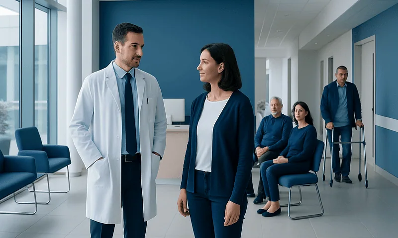 Why Treatment Costs in Turkey Can Change After Your First Evaluation 7 Doctor talking to a patient in a hospital corridor with waiting patients.