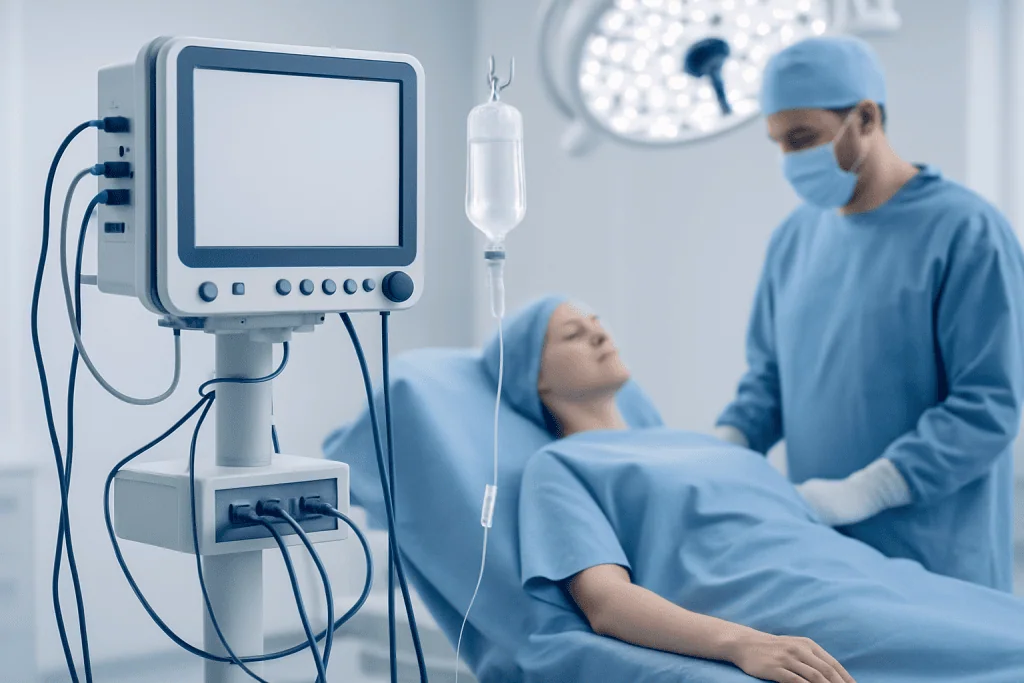 Patient in hospital bed connected to medical monitoring equipment.