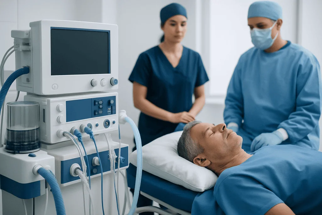 Medical team preparing patient for heart bypass surgery in hospital.