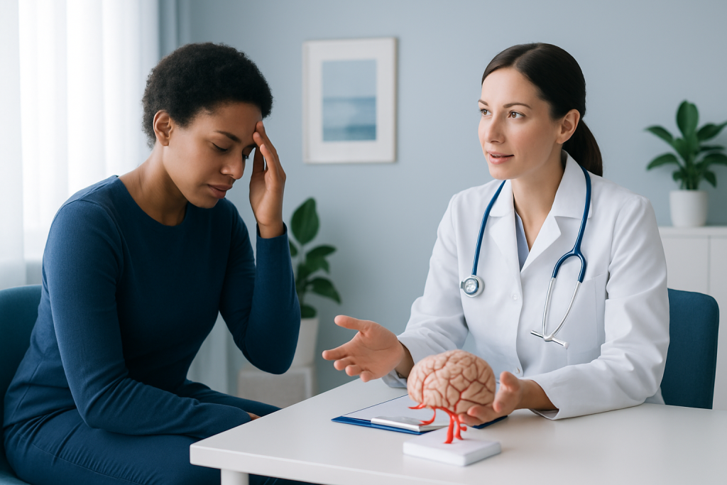 Doctor explaining brain aneurysm symptoms to patient in consultation room.