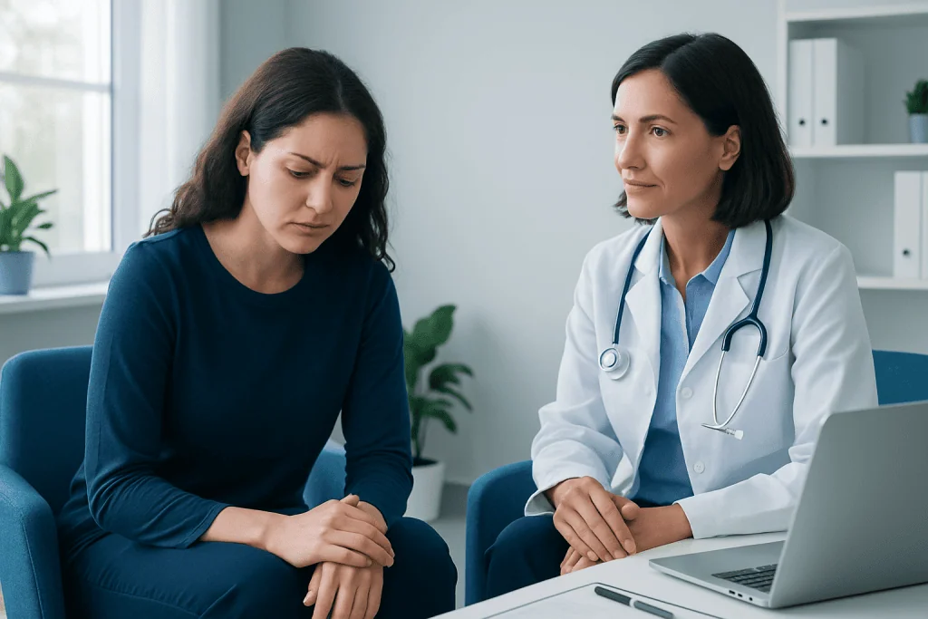 Doctor consulting with a woman patient about anxiety and involuntary movements.