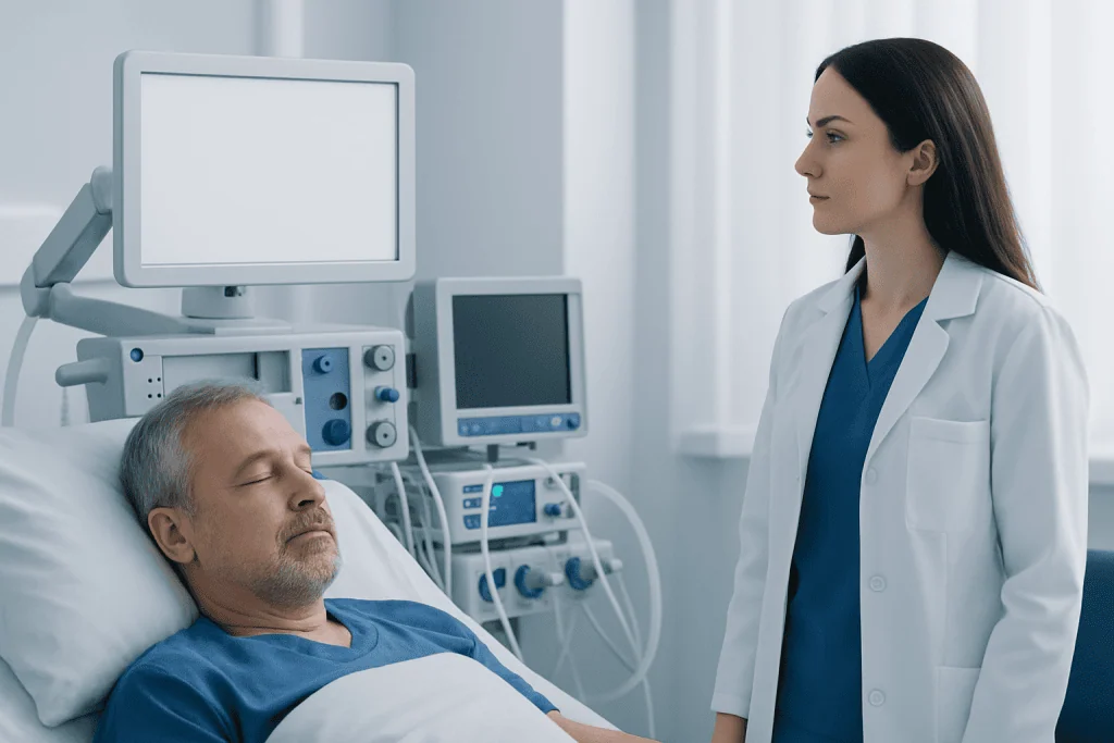 Doctor speaking to patient in hospital bed before heart surgery.