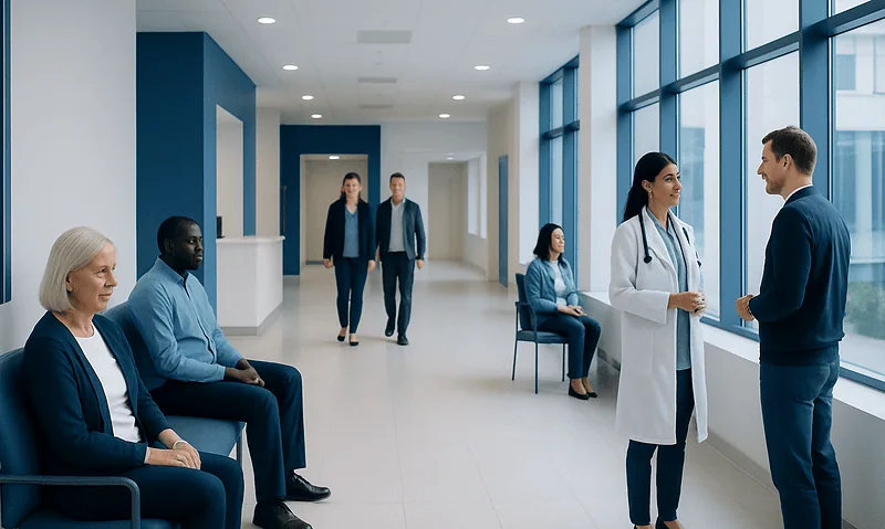 Patients waiting and doctors consulting in a modern hospital corridor.