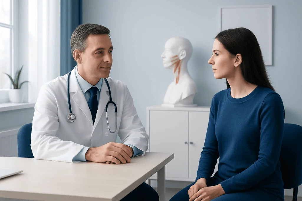 Doctor consulting with a female patient in a medical office setting.