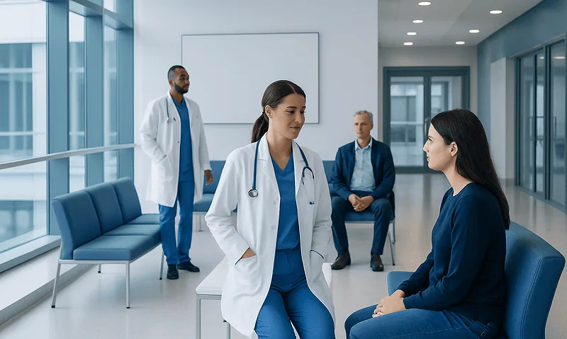 Medical consultation in a modern hospital with healthcare professionals and patient.
